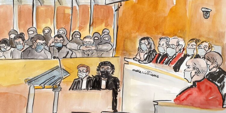 This court sketch made on December 16, 2020 shows a general view at the Paris courthouse during the sentencing hearing in the trial of 14 suspected accomplices of the Islamist gunmen who murdered seventeen people over three days of attacks in January 2015, beginning with the massacre of 12 people at the satirical weekly Charlie Hebdo, which had published cartoons of the Prophet Mohammed, followed by the murder of a French policewoman and the hostage-taking at the Hyper Cacher market in which four Jewish men were killed. (Photo by Marie WILLIAMS / AFP)