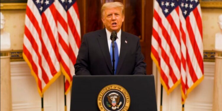 Washington (United States), 19/01/2021.- A frame grab from a handout video released by the White House shows US President Donald J. Trump address the nation from the Blue Room of the White House in Washington, DC, USA, issued 19 January 2021, on Trump's last day in office. (Estados Unidos) EFE/EPA/WHITE HOUSE / HANDOUT HANDOUT EDITORIAL USE ONLY/NO SALES