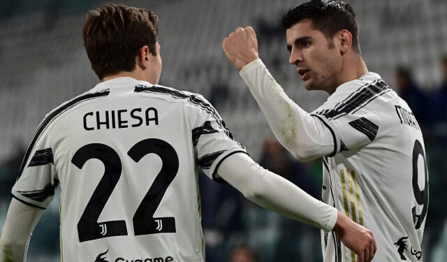 Juventus' Spanish forward Alvaro Morata (R) celebrates with teammate Juventus' Italian forward Federico Chiesa after scoring a goal during the Italian Serie A football match between Juventus and Lazio at The Juventus Stadium in Turin, northern Italy on March 6, 2021. (Photo by MIGUEL MEDINA / AFP)
