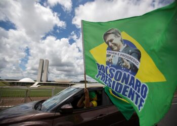Simpatizantes del presidente brasileño Jair Bolsonaro se manifiestan en su apoyo hoy, en Brasilia (Brasil). Bolsonaro cumple este domingo 66 años de edad presionado por su gestión negacionista de la pandemia del coronavirus, que sigue sin freno en prácticamente todo el país. EFE/ Joédson Alves