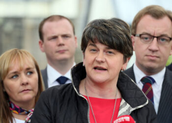 (FILES) In this file photo taken on July 3, 2017 Democratic Unionist Party (DUP) leader Arlene Foster gives a statement to the press at Stormont Castle in Belfast, as talks continue to form a power-sharing government in Northern Ireland. - Arlene Foster on Wednesday April 28, announced her resignation as Northern Ireland's first minister and leader of the Democratic Unionist Party (DUP), at a tense time in the British province. The 50-year-old politician said she would step down as DUP leader on May 28 and as first minister at the end of June, calling it "the privilege of my life" to lead the country. (Photo by Paul FAITH / AFP)