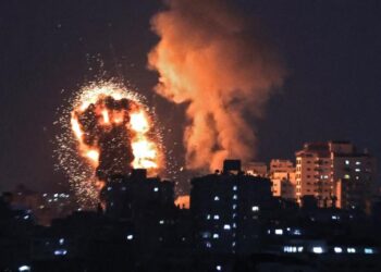 A picture shows Israeli air strikes in the Gaza Strip, controlled by the Palestinian Islamist movement Hamas, on May 10, 2021. - Israel launched deadly air strikes on Gaza in response to a barrage of rockets fired by the Islamist movement Hamas amid spiralling violence sparked by unrest at Jerusalem's Al-Aqsa Mosque compound. (Photo by MAHMUD HAMS / AFP) (Photo by MAHMUD HAMS/AFP via Getty Images)