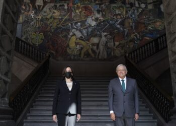 Vice President Kamala Harris poses for a photo with Mexican President Andres Manuel Lopez Obrador, Tuesday, June 8, 2021, at the Presidential Palace in Mexico City. (AP Photo/Jacquelyn Martin)