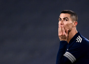 Juventus' Portuguese forward Cristiano Ronaldo reacts during the Italian Serie A football match Juventus vs Sassuolo on January 10, 2021 at the Juventus stadium in Turin. (Photo by Marco BERTORELLO / AFP)