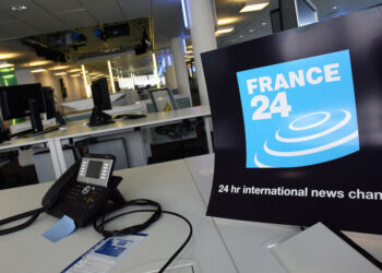 The logo of the French new international news TV channel is seen 13 September 2006 in the editing room at the headquarters in Issy-les-Moulineaux, Paris suburbs, as the board holds a press conference to present the new channel. Some 162 journalist coming from 25 countries have been recruited for the channel which is scheduled to launch between 25 November and 05 December 2006. The broadcast will be via satellite in French and English to Europe, Africa, the Middle East and possibly part of North America. First ground, the video camera used by the reporters.  AFP PHOTO FRANCK FIFE (Photo by FRANCK FIFE / AFP)