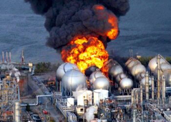 EKB080 CHIBA (JAPÓN) 11/3/2011.- Imagen de la gran refinería en la provincia de Chiba, Japón, donde se produjo una fuerte explosión unas horas después del seísmo de 8,8 grados en la escala abierta de Richter que sacudió Japón, hoy, viernes, 11 de marzo de 2011. Entre 200 y 300 personas murieron en la provincia de Miyagi (este de Japón) a causa del tsunami provocado por el terremoto de 8,8 grados de magnitud en la escala de Richter que sacudió hoy Japón, que causó además al menos otros 89 fallecidos. EFE/Str PROHIBIDO SU USO EN JAPÓN
