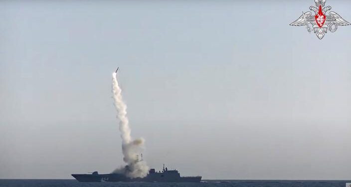 FILE PHOTO: A Tsirkon (Zircon) hypersonic cruise missile is fired from the guided missile frigate Admiral Gorshkov in the White Sea in this still image taken from video released July 19, 2019.  Russian Defence Ministry/Handout via REUTERS  ATTENTION EDITORS - THIS IMAGE WAS PROVIDED BY A THIRD PARTY. NO RESALES. NO ARCHIVES. MANDATORY CREDIT/File Photo