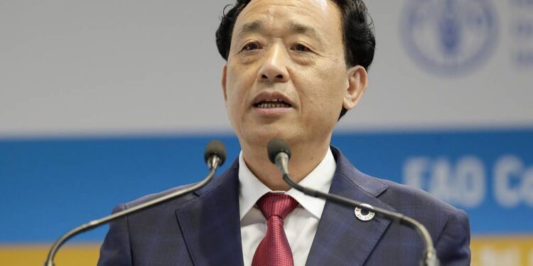 Qu Dongyu from China, one of the candidates for the Director-General position of the FAO (UN Food and Agriculture Organization), addresses a plenary meeting of the 41st Session of the Conference, at the FAO headquarters in Rome, Saturday, June 22, 2019. The new FAO Director-General will be voted on Sunday. (AP Photo/Andrew Medichini)