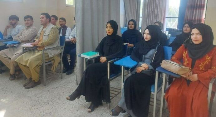 Los estudiantes asisten a clases bajo nuevas condiciones de aula en la Universidad de Avicenna en Kabul, Afganistán (Foto: REUTERS)