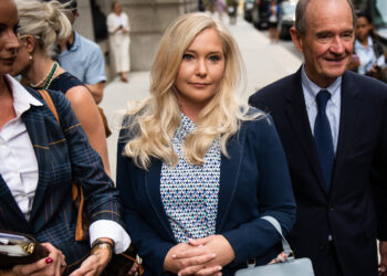 David Boies, representing several of Jeffrey Epstein's alleged victims, center, arrives with Annie Farmer, right, and Virginia Giuffre, alleged victims of Jeffrey Epstein, second left, at federal court in New York, U.S., on Tuesday, Aug. 27, 2019. Epstein, a convicted pedophile, killed himself in prison earlier this month while awaiting trial on charges of conspiracy and trafficking minors for sex. Photographer: Mark Kauzlarich/Bloomberg via Getty Images