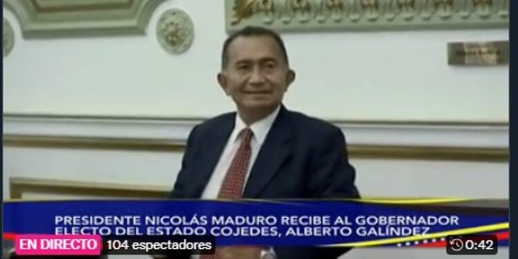 Alberto Galíndez, gobernador electo por el estado Cojedes. Nicolás Maduro. Foto Captura de video.