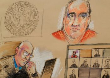 Dibujo de la comparecencia de Alex Saab el pasado 18 de octubre ante un juez en Miami (EE UU).
DANIEL PONTET (REUTERS)