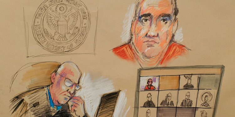 Dibujo de la comparecencia de Alex Saab el pasado 18 de octubre ante un juez en Miami (EE UU).
DANIEL PONTET (REUTERS)