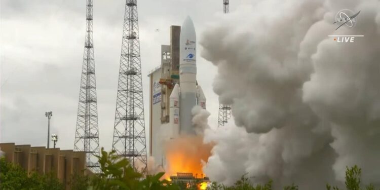 El cohete Ariane 5 que transporta al James Webb. Foto captura de video.