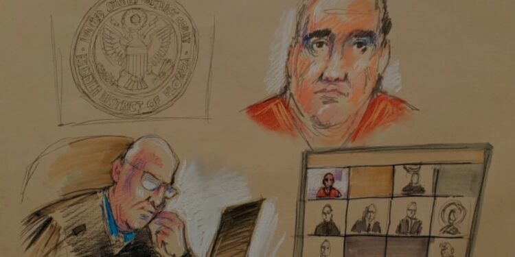 Dibujo de la comparecencia de Alex Saab el pasado 18 de octubre ante un juez en Miami (EEUU).
DANIEL PONTET (REUTERS)