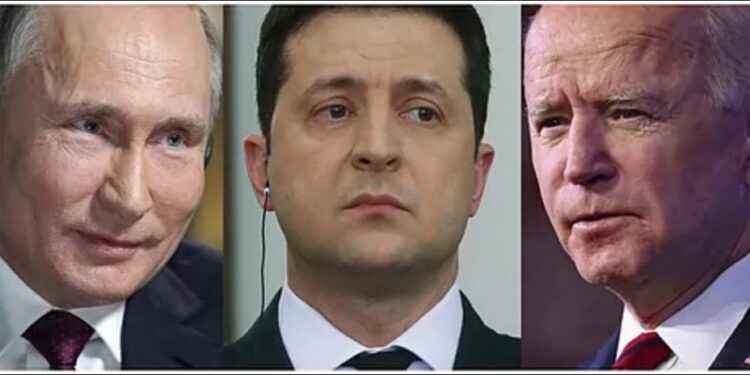 Vladimir Putin, presidente de Rusia, Volodymyr Zelensky, presidente de Ucrania y Joe Biden, presidente de Estados Unidos.