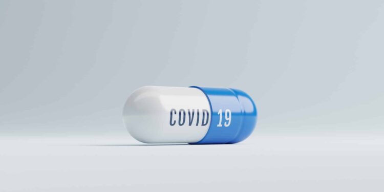 Covid-19 pharmacy in capsule for emergency use, Health care medical and outbreak of virus concept. 3d rendering.