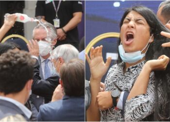 Mujer, lanzó agua al presindente de Chile, Sebastián Piñera. Foto Agencias