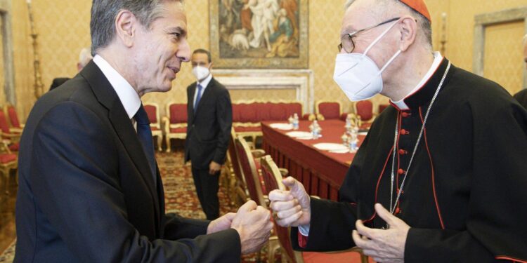 U.S. Secretary of State Antony Blinken greets Cardinal Pietro Parolin, Vatican secretary of state, before an audience with Pope Francis at the Vatican June 28, 2021. (CNS photo/Vatican Media)