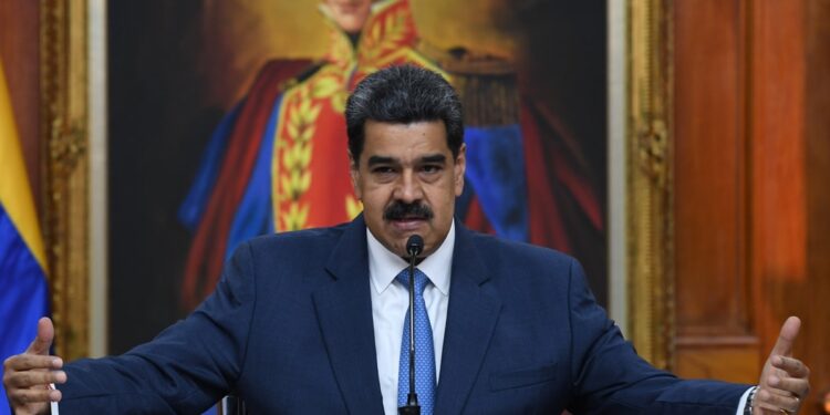 Venezuela's President Nicolas Maduro gestures during a press conference with members of the foreign media at Miraflores palace in Caracas, on February 14, 2020. (Photo by YURI CORTEZ / AFP)