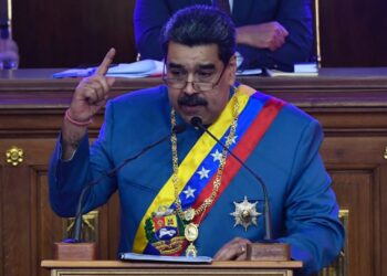 Venezuelan President Nicolas Maduro gestures as he presents the annual report of his government before the National Assembly in Caracas on January 12, 2021. (Photo by Federico Parra / AFP)