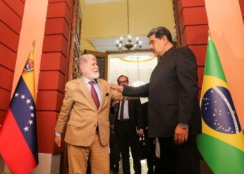 Venezuela's President Nicolas Maduro and Brazil's envoy Celso Amorim meet, in Caracas, Venezuela March 8, 2023. Marcelo Garcia Miraflores Palace Handout via REUTERS