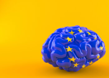 Brain with european union flag isolated on orange background. 3d illustration