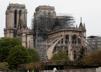 View of the Notre-Dame Cathedral in Paris, France, April 16, 2019. A massive fire consumed the cathedral on Monday, gutting its roof and stunning France and the world.  REUTERS/Benoit Tessier