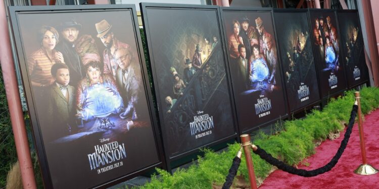 View of the red carpet at the world premiere of Disney's "Haunted Mansion" at the Hyperion Theatre inside the Disney California Adventure Park in Anaheim, California, on July 15, 2023. (Photo by Michael Tran / AFP)