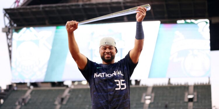 SEATTLE, WASHINGTON - JULY 11: Elias Díaz #35 of the Colorado Rockies poses after being named the Ted Williams All-Star Game MVP Award during the 93rd MLB All-Star Game presented by Mastercard at T-Mobile Park on July 11, 2023 in Seattle, Washington.   Steph Chambers/Getty Images/AFP (Photo by Steph Chambers / GETTY IMAGES NORTH AMERICA / Getty Images via AFP)