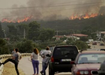 Varias personas miran cómo arde un incendio forestal cerca del pueblo de Agios Sotira (Reuters)
