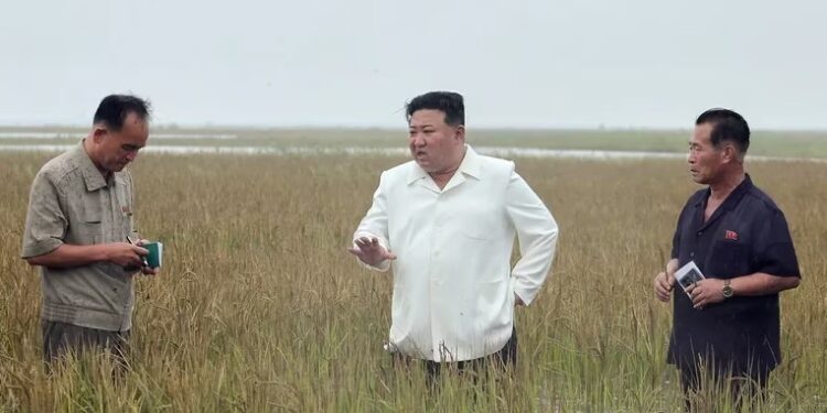 Kim Jong-un visitó una zona afectada por las inundaciones (via KCNA)