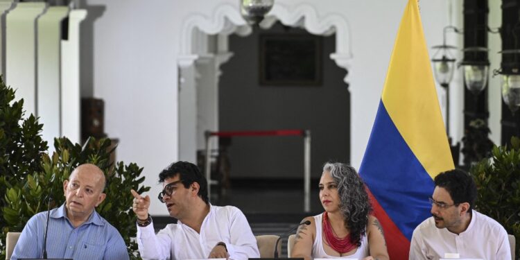 (L to R) Delegates of the Colombian government, Otty Patino, Danilo Rueda, Maria Pizarro, and Ivan Cepeda, speak while taking part in an event in the framework of the peace talks with Colombia's last active guerrilla group, the National Liberation Army (ELN) delegates, at the La Casona Cultural Aquiles Nazoa Centre in Caracas on September 4, 2023. The Colombian government and the guerrillas of the National Liberation Army (ELN) agreed on Monday, one month after the truce, to establish "critical zones" in regions affected by the armed conflict, which, according to the insurgents, have "been under fire". (Photo by Yuri CORTEZ / AFP)