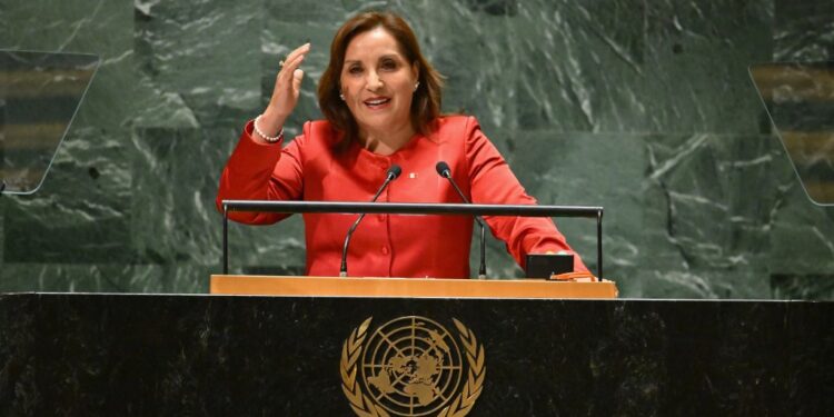 Peruvian President Dina Boluarte addresses the 78th United Nations General Assembly at UN headquarters in New York City on September 19, 2023. (Photo by ANGELA WEISS / AFP)