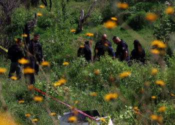 Municipal police work at the area where the civil organization "Search Mothers" of Jalisco located a clandestine crematorium with human remains in a ravine in Tlaquepaque, State of Jalisco, Mexico, on October 15, 2023. (Photo by ULISES RUIZ / AFP)