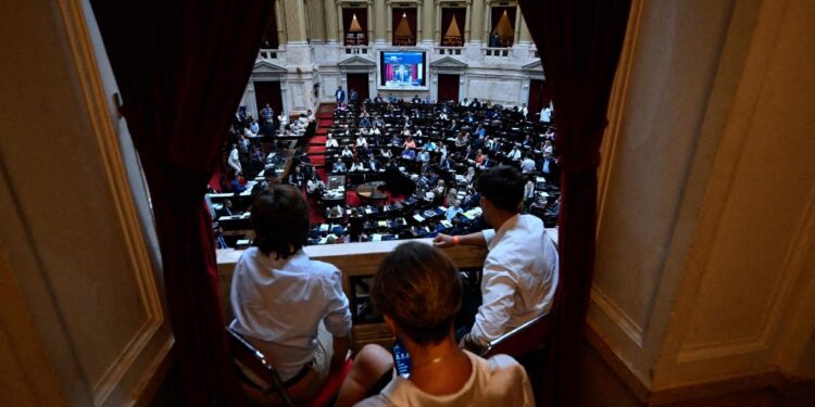 Lawmakers attend the debate of the government's 'omnibus bill' of economic reforms at the Congress in Buenos Aires on January 31, 2024. The bill intends to introduce sweeping changes and deregulation to Argentina's economy. (Photo by Luis ROBAYO / AFP)