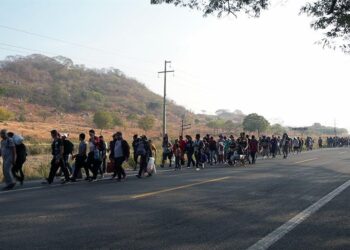 Migrantes caminan durante una caravana que se dirige a la frontera con Estados Unidos hoy, en el municipio de San Pedro Tapanatepec en el estado de Oaxaca (México). Las siete horas de caminata, algunas bajo el intenso sol, para 30 kilómetros recorrido, en su paso por el estado de Oaxaca, sur de México, minaron físicamente este martes a una parte la caravana migrante 'Éxodo de la pobreza' que se reagrupó luego de que el Gobierno mexicano la disolvió hace una semana tras partir desde Chiapas como la más numerosa de 2023. EFE/ Jesús Méndez