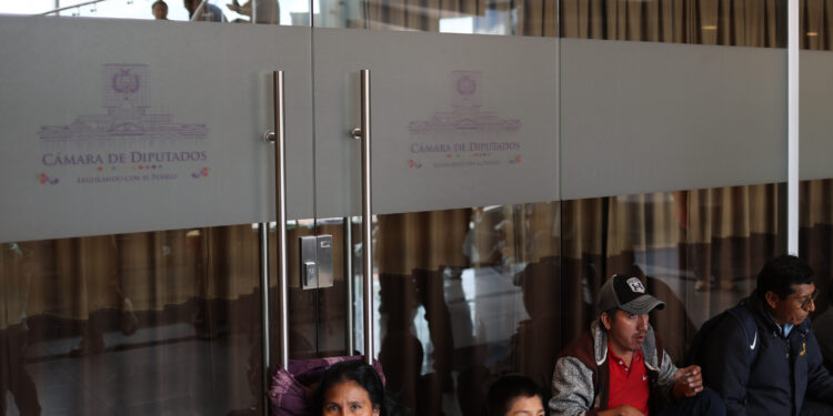 Ciudadanos afines al Gobierno del presidente Luis Arce bloquean el ingreso a la cámara de diputados este jueves, durante un receso de la sesión en La Paz (Bolivia). EFE/ Luis Gandarillas
