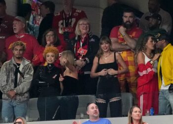 US singer-songwriter Taylor Swift (2nd R), US rapper Ice Spice (2nd L), Ashley Avignone (3rd L), US actress Blake Lively (2nd R), Jason Kelce (top R) and Donna Kelce (top C) attend Super Bowl LVIII between the Kansas City Chiefs and the San Francisco 49ers at Allegiant Stadium in Las Vegas, Nevada, February 11, 2024. (Photo by TIMOTHY A. CLARY / AFP)