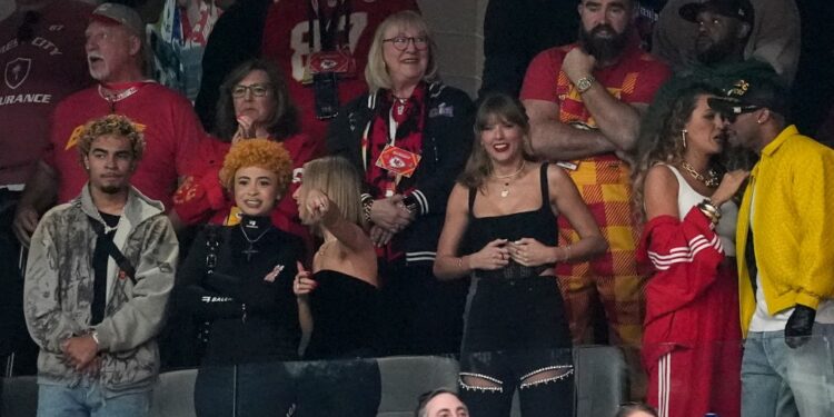 US singer-songwriter Taylor Swift (2nd R), US rapper Ice Spice (2nd L), Ashley Avignone (3rd L), US actress Blake Lively (2nd R), Jason Kelce (top R) and Donna Kelce (top C) attend Super Bowl LVIII between the Kansas City Chiefs and the San Francisco 49ers at Allegiant Stadium in Las Vegas, Nevada, February 11, 2024. (Photo by TIMOTHY A. CLARY / AFP)