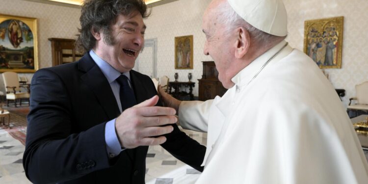 Vatican City (Vatican City State (holy See)), 12/02/2024.- A handout picture provided by the Vatican Media shows Pope Francis (R) receives Argentina's President Javier Milei (L), during an audience at the Vatican City, 12 February 2024. (Papa) EFE/EPA/VATICAN MEDIA HANDOUT HANDOUT EDITORIAL USE ONLY/NO SALES HANDOUT EDITORIAL USE ONLY/NO SALES