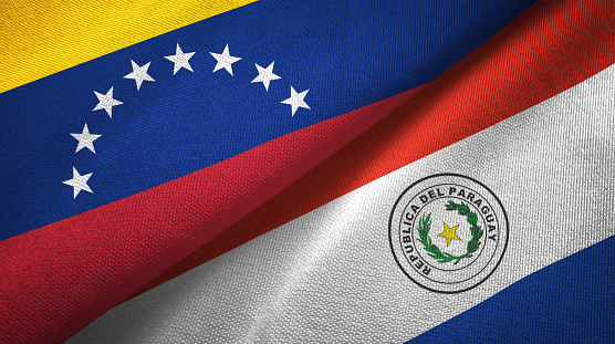Venezuela and Paraguay flags together relations textile cloth, fabric texture