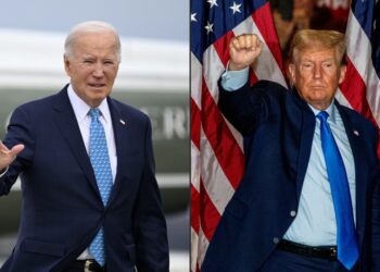 (COMBO) This combination of pictures created on March 06, 2024 shows US President Joe Biden in Maryland, on January 30, 2024 and former US president and 2024 presidential candidate Donald Trump in Claremont, New Hampshire, on November 11, 2023. Donald Trump marched March 6, 2024 towards a bitter rematch against President Joe Biden in November as his final Republican rival Nikki Haley thew in the towel after a thumping defeat in the "Super Tuesday" primaries. (Photo by ANDREW CABALLERO-REYNOLDS and JOSEPH PREZIOSO / AFP)