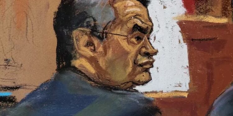 El expresidente hondureño Juan Orlando Hernández en el juicio por narcotráfico en una corte de Nueva York. REUTERSJane Rosenberg.