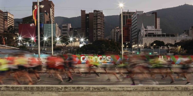 CARACAS, VENEZUELA - MARCH 19: Runners participate in the 21 km and 42 km race of the 7th edition of the CAF Marathon in Caracas on March 19, 2023.