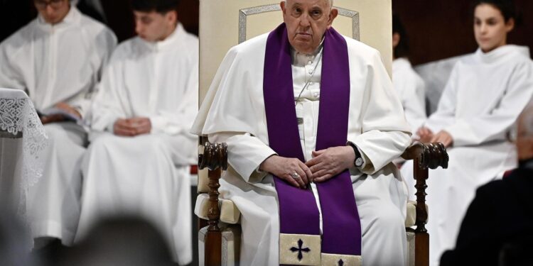 Rome (Italy), 08/03/2024.- Pope Francis leads the celebration of the 24 Hours for the Lord, a Lenten initiative of prayer and reconciliation, in the parish of San Pio V in Rome, Italy, 08 March 2024. (Papa, Italia, Roma) EFE/EPA/RICCARDO ANTIMIANI
