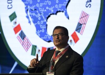Mexican Director of the Criminal Investigation Agency, Felipe de Jesus Gallo, delivers a speech during the opening ceremony of the Multilateral Conference on Synthetic Drugs in Mexico City on April 23, 2024. (Photo by Yuri CORTEZ / AFP)