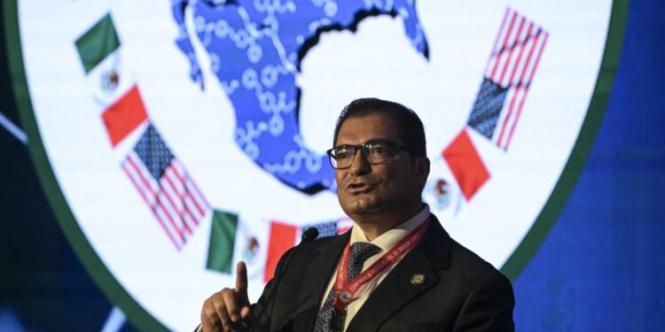 Mexican Director of the Criminal Investigation Agency, Felipe de Jesus Gallo, delivers a speech during the opening ceremony of the Multilateral Conference on Synthetic Drugs in Mexico City on April 23, 2024. (Photo by Yuri CORTEZ / AFP)