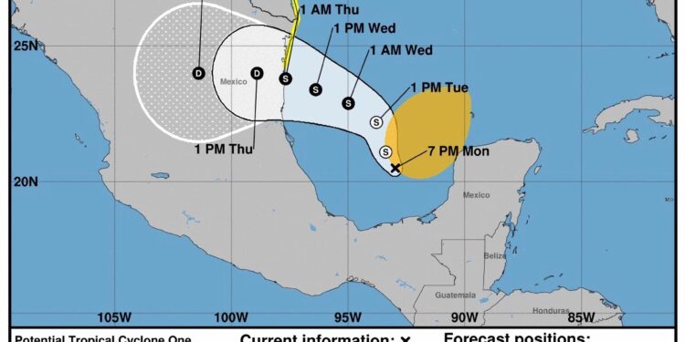 USA5876. MIAMI (FL, EE.UU.), 17/06/2024.- Imagen cedida por el Centro Nacional de Hurcanes (NHC) de los Estados Unidos donde se muestra la posible trayectoria de cinco días de una tormenta por el Golfo de México. Un área de baja presión en el Golfo de México amenaza con fuertes lluvias en el sur de ese país y la costa del estado de Texas (EE.UU.), y puede convertirse en la primera tormenta tropical atlántica de la temporada de huracanes, informó este lunes el Centro Nacional de Huracanes (NHC, en inglés) de Estados Unidos. EFE/NHC /SOLO USO EDITORIAL /NO VENTAS /SOLO DISPONIBLE PARA ILUSTRAR LA NOTICIA QUE ACOMPAÑA /CRÉDITO OBLIGATORIO