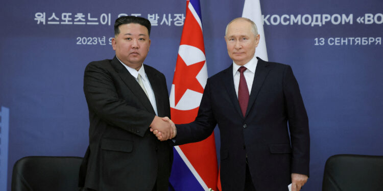 FILE PHOTO: Russia's President Vladimir Putin and North Korea's leader Kim Jong Un attend a meeting at the Vostochny ?osmodrome in the far eastern Amur region, Russia, September 13, 2023 in this image released by North Korea's Korean Central News Agency.   KCNA via REUTERS/File Photo